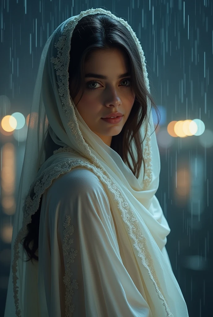 Pakistani feature girl, cover half with scarf, wear Pakistan designer frock, white color, big hazel green eyes, night view, rainy , Karachi night, straight hairs, full body , slim smart , beautiful smile, realistic
