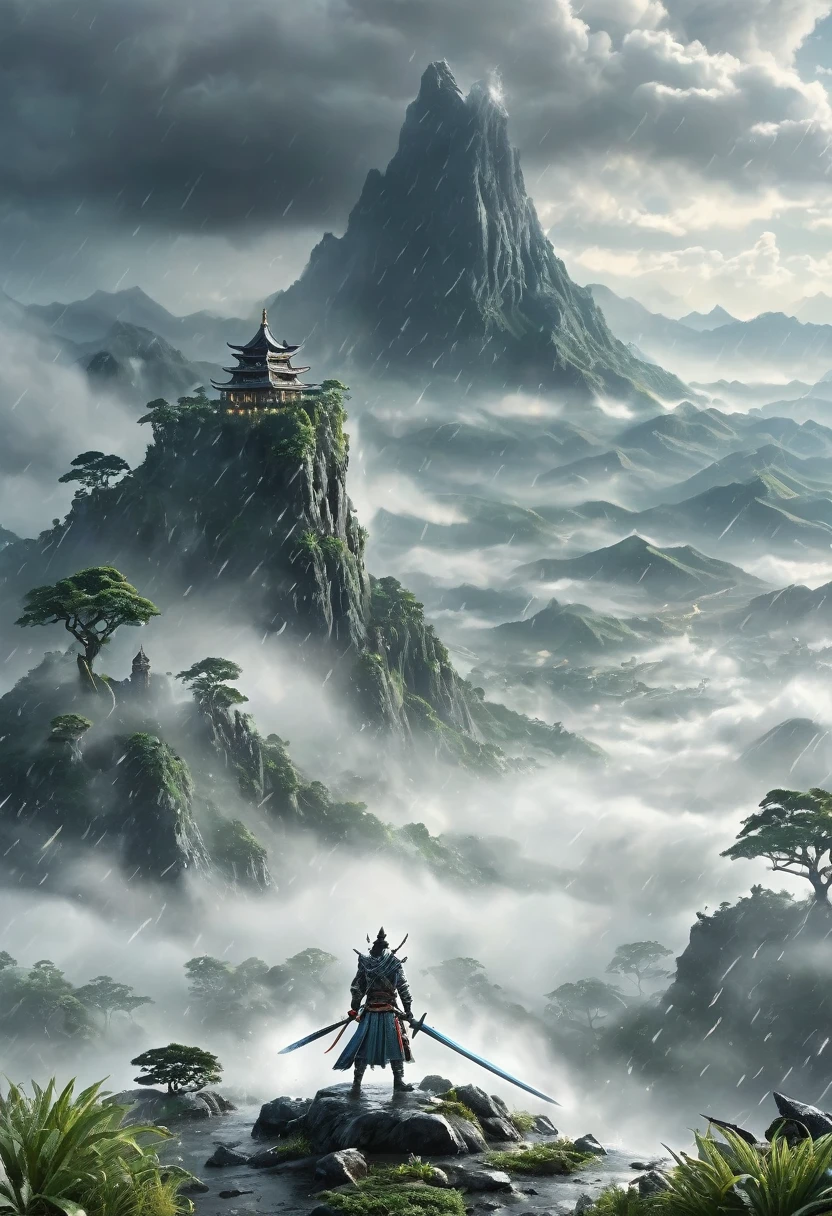 best quality, very good, 16K, ridiculous, Very detailed, Huge sword,made of mist, Background mountain top,rain,Grayish screen((A masterpiece full of fantasy elements))), ((best quality)), ((Intricate details))(8K)