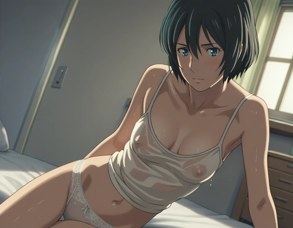 score_9, score_8_up, score_7_up, source_anime,
yukariyukino, yukari yukino, short hair, black hair, detailed blue eyes, hair between eyes,(( perfect eyes )), Perfect face, expressive eyes,
wet body, ((undress camisole)), detailed nipples, detailed navel, white lace panties,
indoors, bed, realistic bed room, on side, blush,
cowboy shot, looking at viewer, solo, dutch angle,