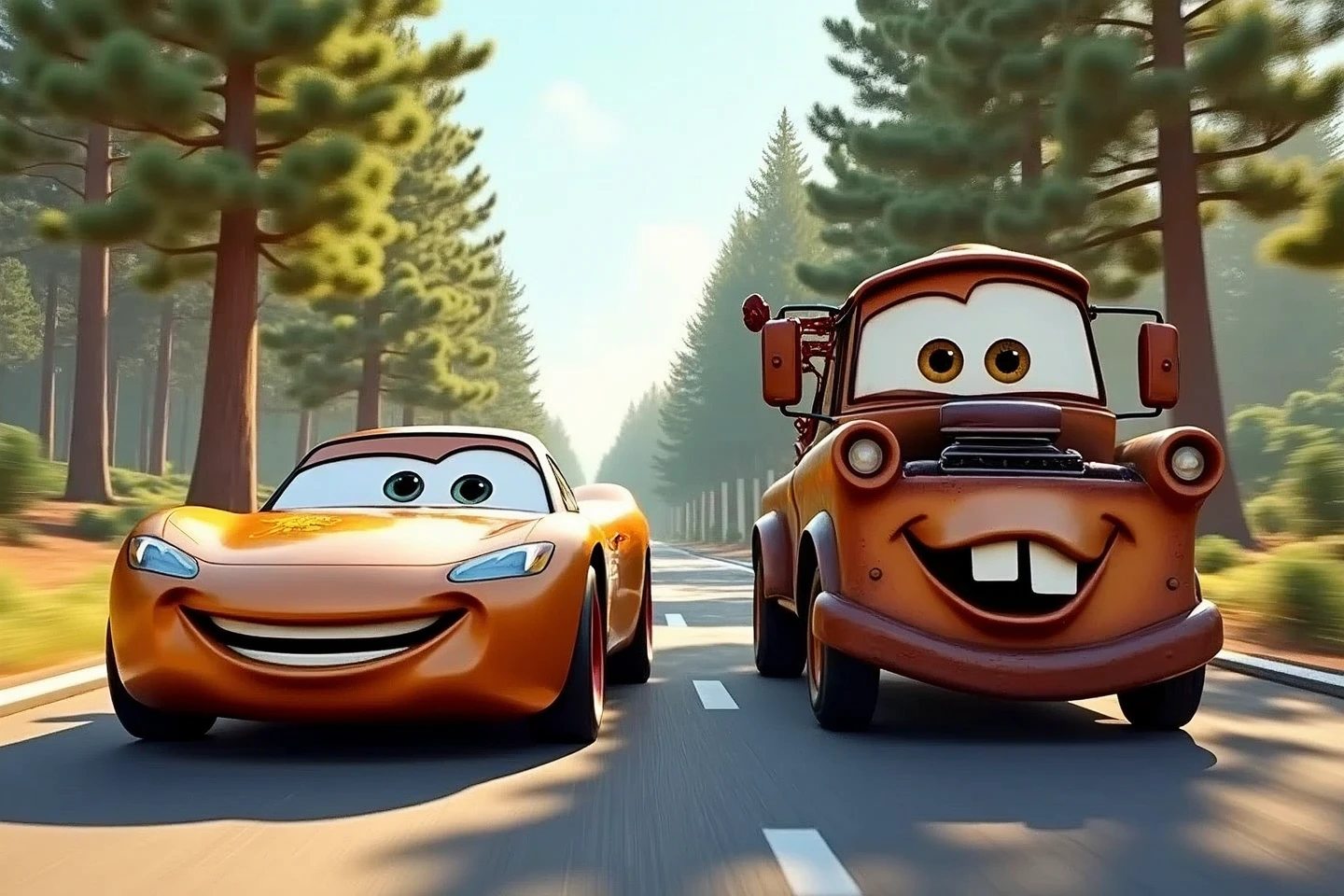 「Two animated cars、one with a glossy surface and large, expressive eyes、In a sleek rainbow sports car with a confident smile、The other was a state-of-the-art looking tow truck with a warm and friendly smile.、drive side-by-side down a scenic, sun-drenched road。the red car's metal surface reflects the soft sunlight, creating a sophisticated look、The tow truck contrasts with that cheerful attitude.、towering pine trees with lush green leaves cast dancing shadows on the road around them」