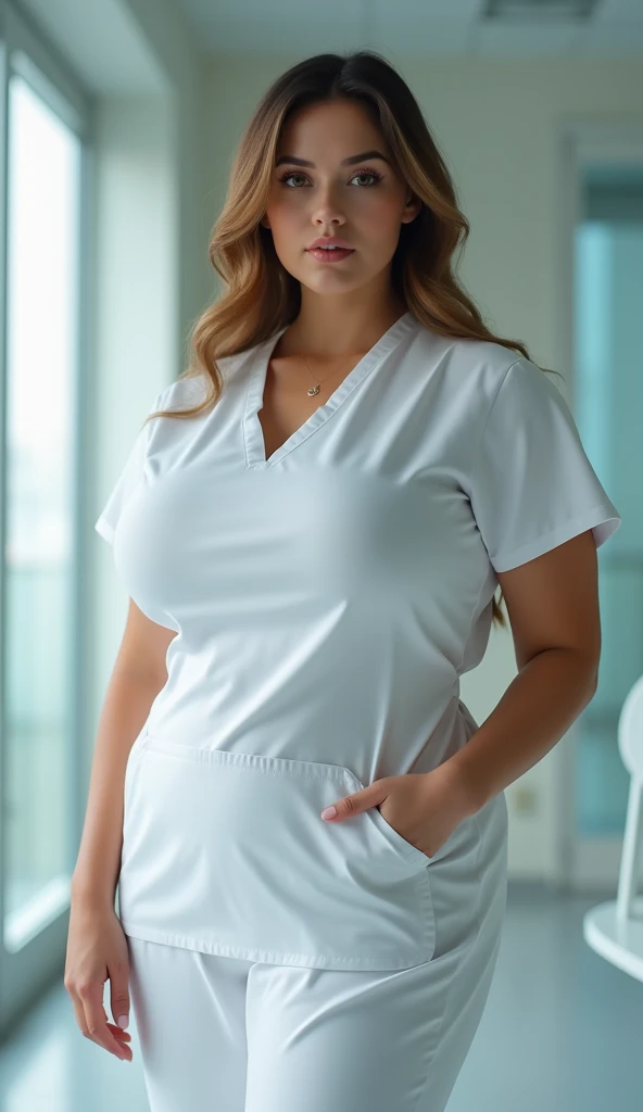 Beautiful American nurse wering apron, Very big Natural boobs, side boobs, Curvy body, Clean white face and skin, 4k super soft large breast