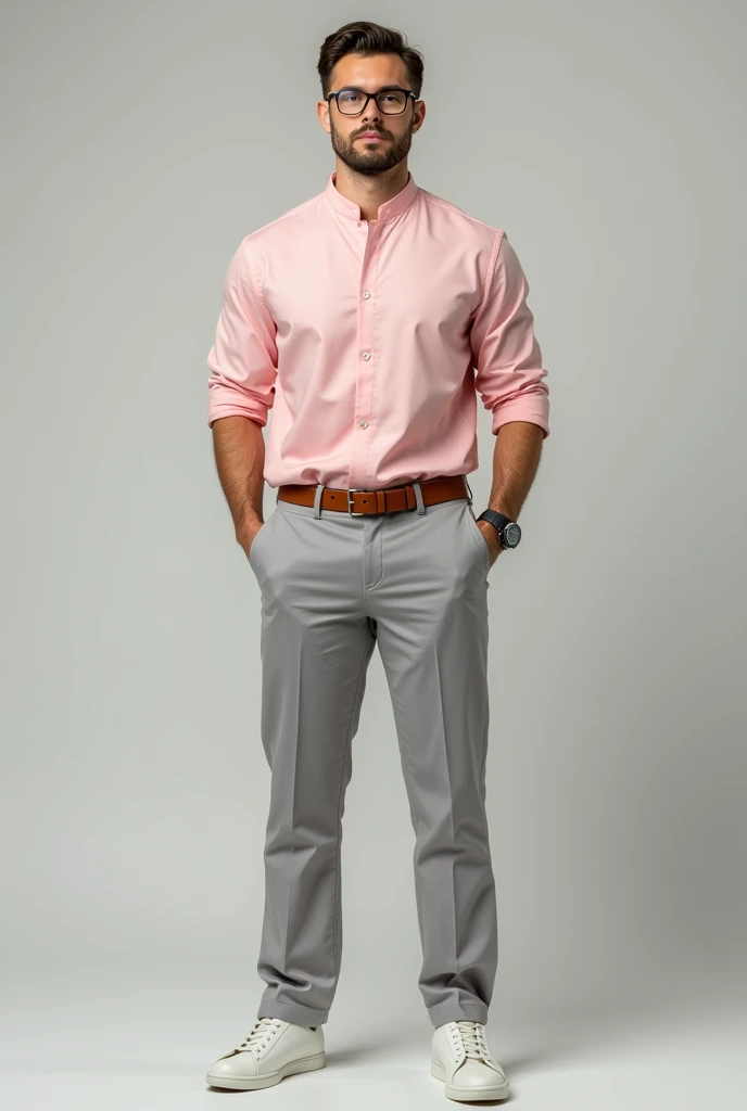 Smart athletic body, man with light smart small Beard with smart look wearing light baby pink chinese standing collar shirt tucked in with light brown belt, sleeves folded with light gray pants with light gray shoes. With smart short hair. Watch in left hand. Realistic image with glasses. Full body image with cashual shoes.