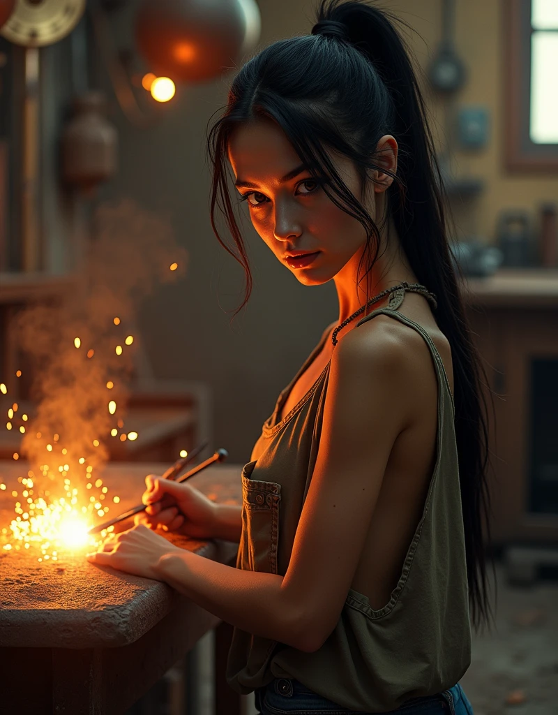 (Forealism: 1.2), گردن و شانه معلوم. نگاه به دوربین، beautiful woman welding in front of work table, wearing loose top, welding goggles. long straight black hair with a messy ponytail, inside a blacksmith workshop, soft light of luminous iron shavings and welding in the background, metal atmosphere, calm and determined pose, realistic, complex details, warm colors, Gertovsky's work, Brecht's work