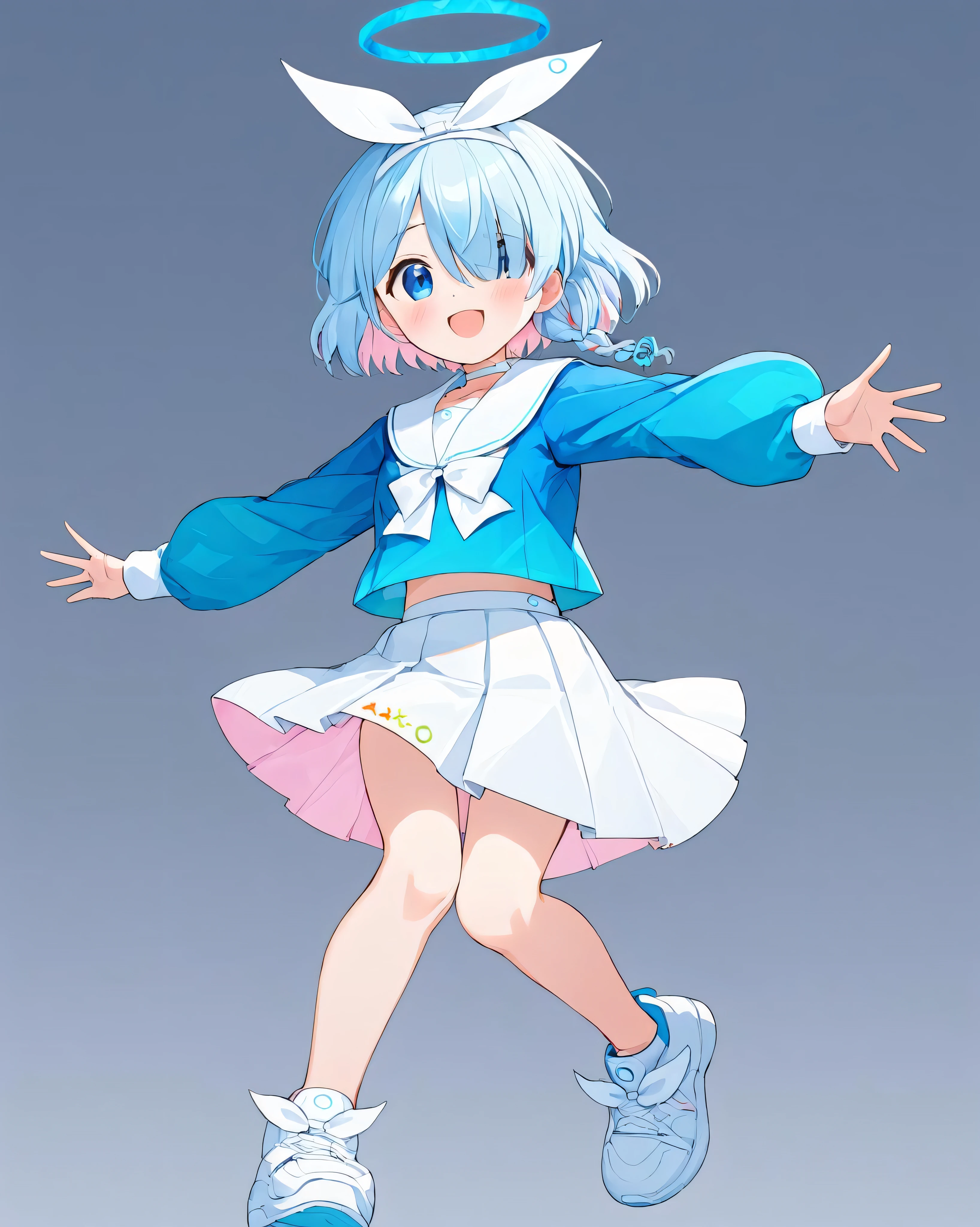 arona \(blue archive\),1girl, solo, halo, hair_over_one_eye, white_skirt, white_footwear, braid, open_mouth, smile, looking_at_viewer, long_sleeves, white_choker, white_sailor_collar, blue_shirt, blush, bow_hairband, bow, star_\(symbol\), white_hairband, ribbon, sneakers, white_background, pleated_skirt, outstretched_arms, blue_serafuku
<lora:arona_(blue_archive)_image5127_2023-12-02-000009:1>halo. gorgeous,key visual, vibrant, studio anime,award-winning, professional, highly detailed,high budget, cinemascope