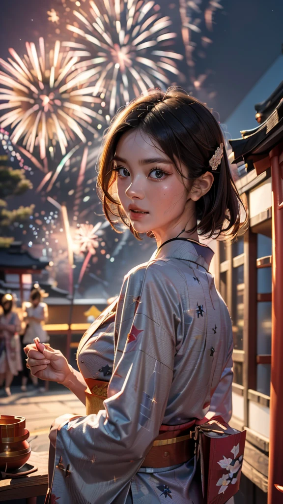 (((HD photo))), ultra high res.photorealistic:. 1.4, UHD, masterpiece, trending on artstation, portrait, (1woman) , pretty, cute face, most beautiful in the world, soft, delicate, (brown hair, (sleek pixie-cut, very short)), cute large breasts, (wearing detailed very elegant Yukata ), (Japanese traditional summer festival :1.4, fireworks, night:2), examination, (standing with looking back attractive facial expression at camera , bare your facial expression ), (beautiful romantic night ),
