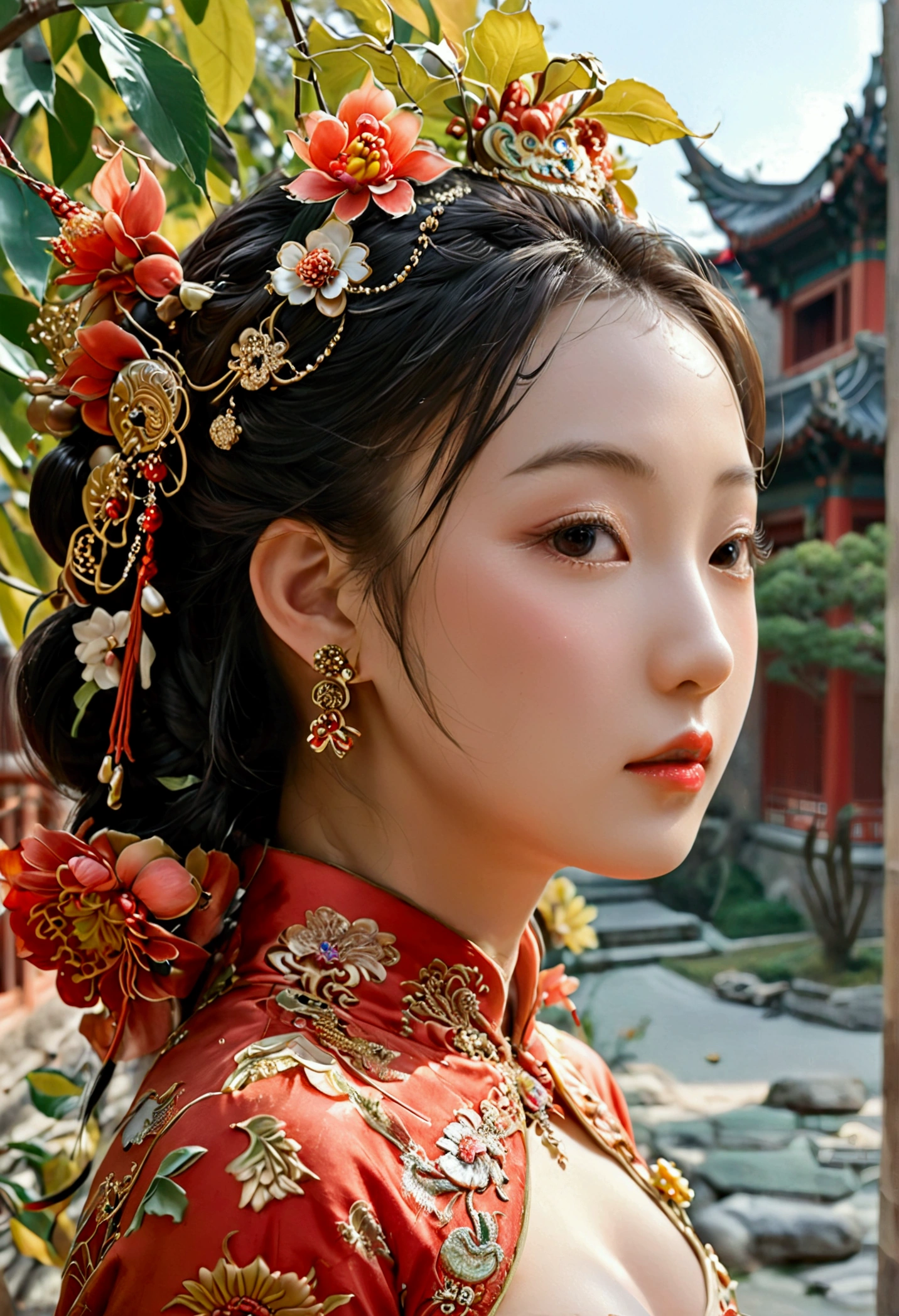 The Empress of the Qing Dynasty was naked and had slightly large breasts., Pose on all fours, A side profile shows her sticking out her large buttocks, The background is outside of a Qing Dynasty palace