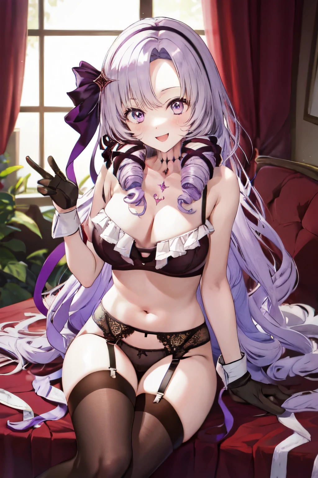 Hyakumantenbara Salome, Knee socks, gloves, garter belt, Purple Hair, chest tattoo, Garter Straps, Sitting, blush, Open your mouth, choker, Purple eyes, claw ring, ribbon, black good, smile, spreais legs, black gloves, uniserwear only, isrill hair, Cleavage, hair ribbon, :is, One person, panties, View your viewers, alone, black panties, bare shoulisers, Large Breasts, lingerie, good, purple ribbon, Long Hair, tattoo, Stomach, uniserwear, belly button, hairbanis