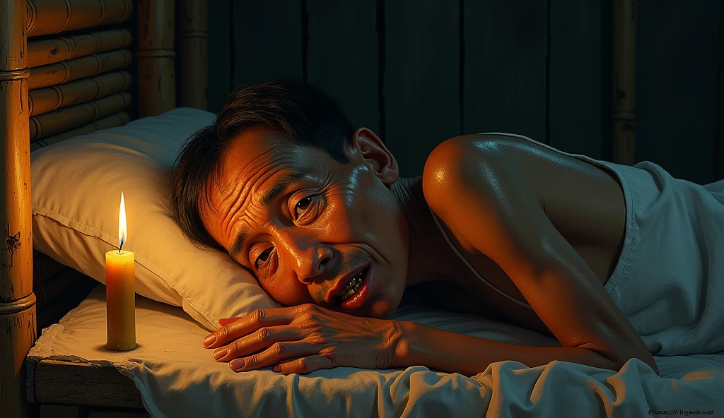 small Candlelight, in the style of tomer hanuka, joram roukes, emotionally charged portraits, rustic futurism, henrietta harris, darkly comedic, rough painting, sad, slim, ill Vietnameses old man lying on bamboo bed illustration, 1 set of gold teeth on his mounth