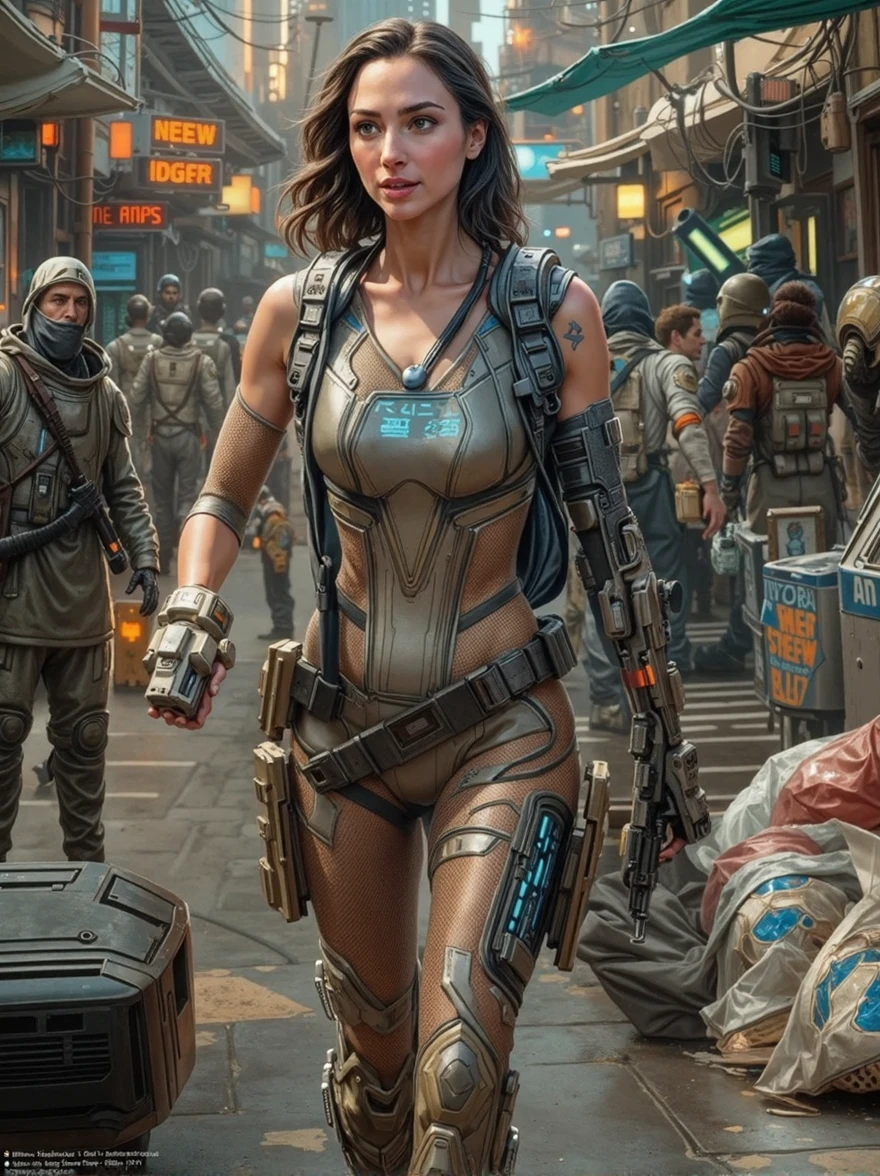 cinematic portrait of [Kaya Scodelario:Gal Gadot:0.5] donning a futuristic cyberpunk interstellar fashion dress walks at sub urban Futuristic Cyberpunk Starbase city colony sidewalk with handful of groceries in Mars, wears casual modest futuristic cyberpunk interstellar fashion dress outfit, Futuristic Cyberpunk Starbase Colony Building, Cyberpunk Starbase Alley, sensuous smirk, intricate, frugal, highly detailed, intricate, digital painting, artstation, concept art, smooth, sharp focus, hyper photorealistic illustration, art by Don Lawrence and Frank Bellamy and alphonse mucha, 32k,