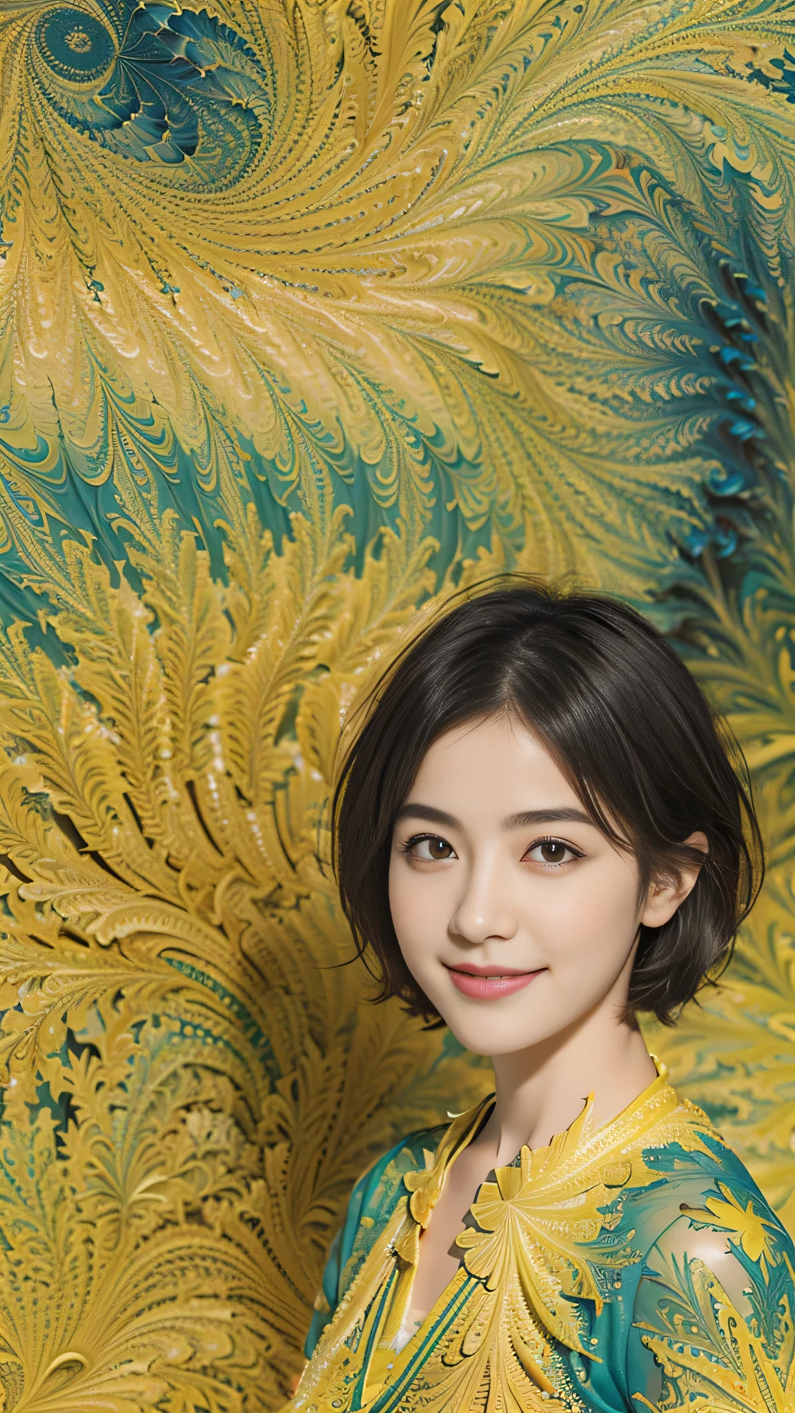 177 Short Hair, 20-year-old woman, A kind smile, (Abstract background,Fractal Art:1.46)
