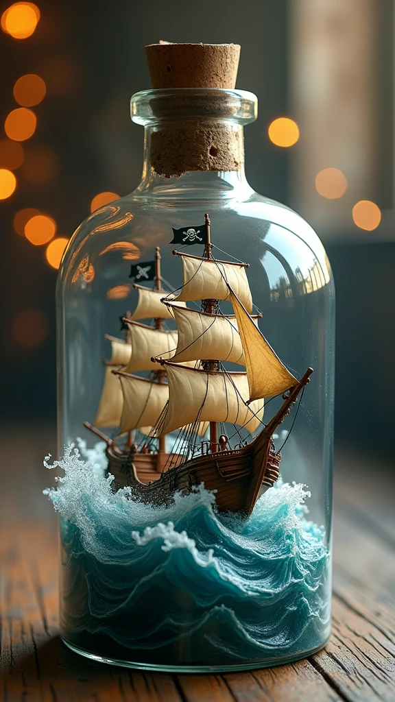 A hyper-realistic photograph of a pirate ship sailing through turbulent waters inside a glass bottle. The ship is adorned with the famous Jolly Roger flag and has rows of cannons visible along its side. The bottle rests on a wooden surface, with the grain of the wood adding to the rich detail of the scene. A bokeh effect is applied, blurring the background to bring the ship and bottle into sharp focus. The aspect ratio is 3:4, enhancing the composition’s elegance and balance 