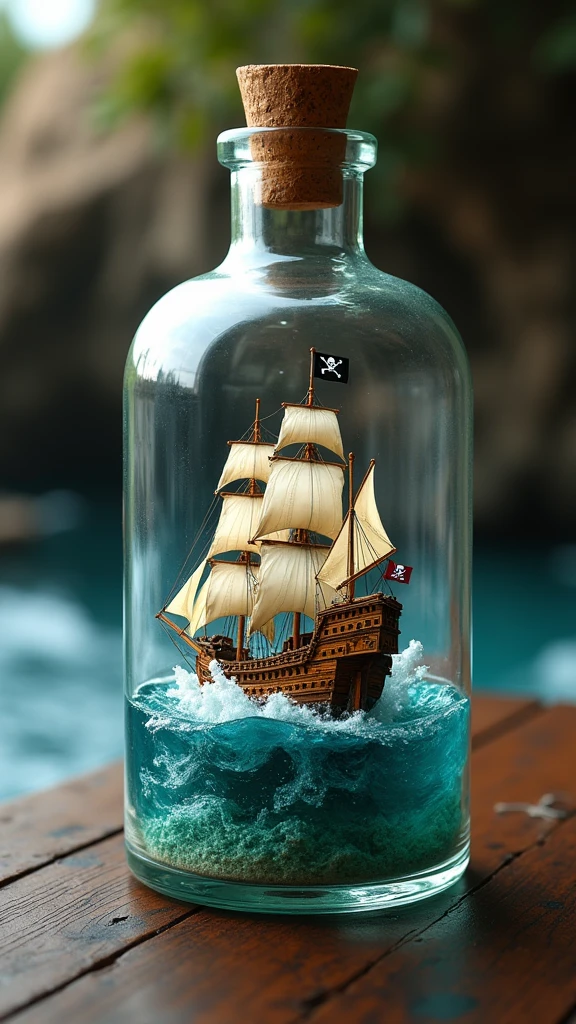 A hyper-realistic photograph of a pirate ship sailing through turbulent waters inside a glass bottle. The ship is adorned with the famous Jolly Roger flag and has rows of cannons visible along its side. The bottle rests on a wooden surface, with the grain of the wood adding to the rich detail of the scene. A bokeh effect is applied, blurring the background to bring the ship and bottle into sharp focus. The aspect ratio is 3:4, enhancing the composition’s elegance and balance 