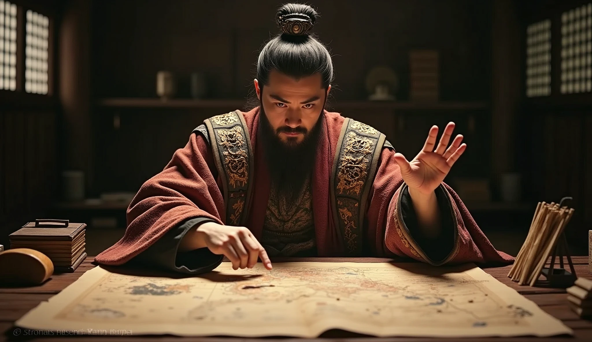 Warring States period,A military advisor sitting in a tent,There is a map in front of him,He holds a bamboo slip in his left hand,Right finger pointing at the map,Movie storyboard,8k,Ultra-clear,Realistic style