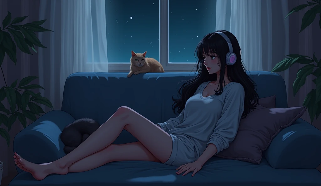 room,Woman sitting on sofa,look out、2D anime style,The cat is lying on the floor.、night、dark、I have headphones on、Let your hair down、Big Breasts、LoFi,Retro、Sweatshirt、relax