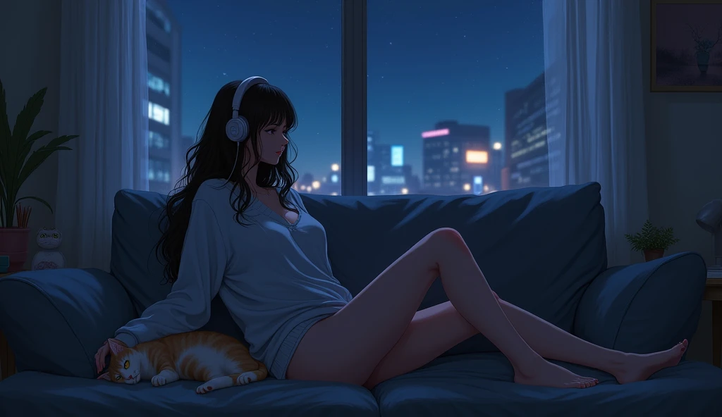 room，Woman sitting on sofa，look out、2D anime style，The cat is lying on the floor.、night、dark、I have headphones on、Let your hair down、Big Breasts、LoFi,Retro、Sweatshirt、relax