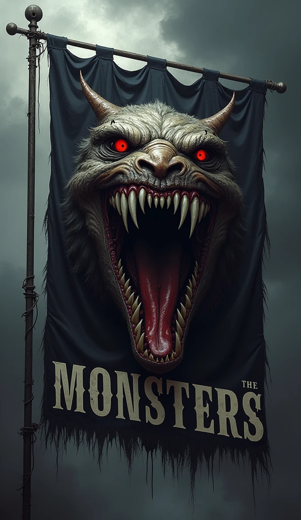 Create a flag for a group of mercenaries with a large fang in the center and the words "MONSTERS" DND style