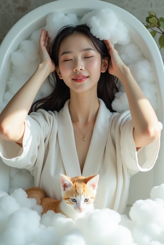 Create an Asian beauty with long hair,Regular facial features,Wearing a white satin bathrobe,Washing hair with both hands above the head,A cute white kitten next to it plays with the foam,Real bubbles,Foam envelops the beauty's entire head,Beautiful girl opens her eyes,The expression is happy,Upper Body,The characters are realistic and realistic,Bathroom Background,Character front position,9:16 frames,Ultra-high-definition picture quality