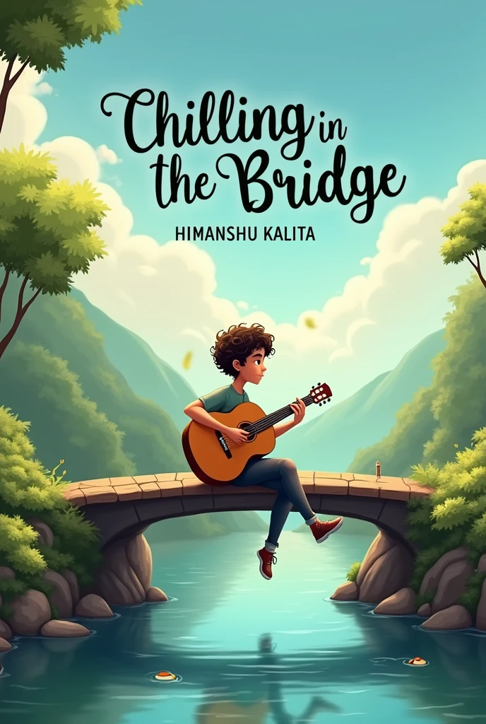 Make a landscape image for YouTube video for the song chilling in the bridge a boy is chilling in the bridge with curly hairs and playing the guitar and song named as chilling in the bridge and written by HIMANSHU KALITA write this on the image