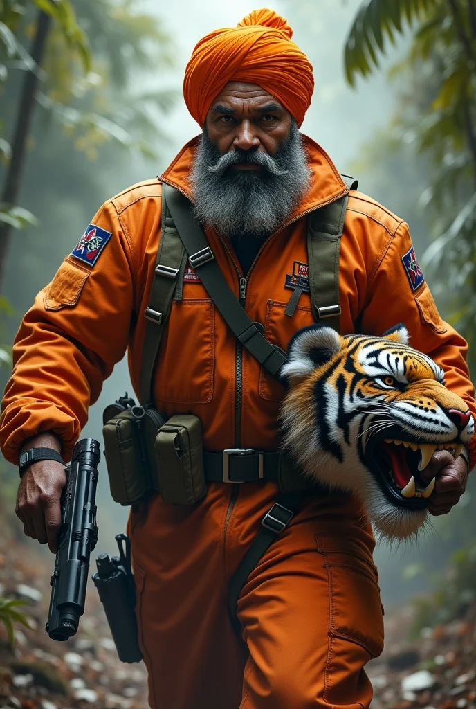 (a dark-skinned fat muscular sikh old man in orange fighter pilot suit) carrying a gun in right hand, (carrying realistic roaring tiger mask), dynamic action pose, fierce expression, showcasing an imposing stature, surrounded by military elements, dramatic shadows and intense highlights, cinematic color tones, high detail, powerful, art influenced by Bruce Onobrakpeya and Stanley Artgerm, ultra-detailed, best quality image, action-packed atmosphere. fighting stance. jungle. Huge Bulge, Hyper Size Bulge, Cock Bulge, Balls Bulge