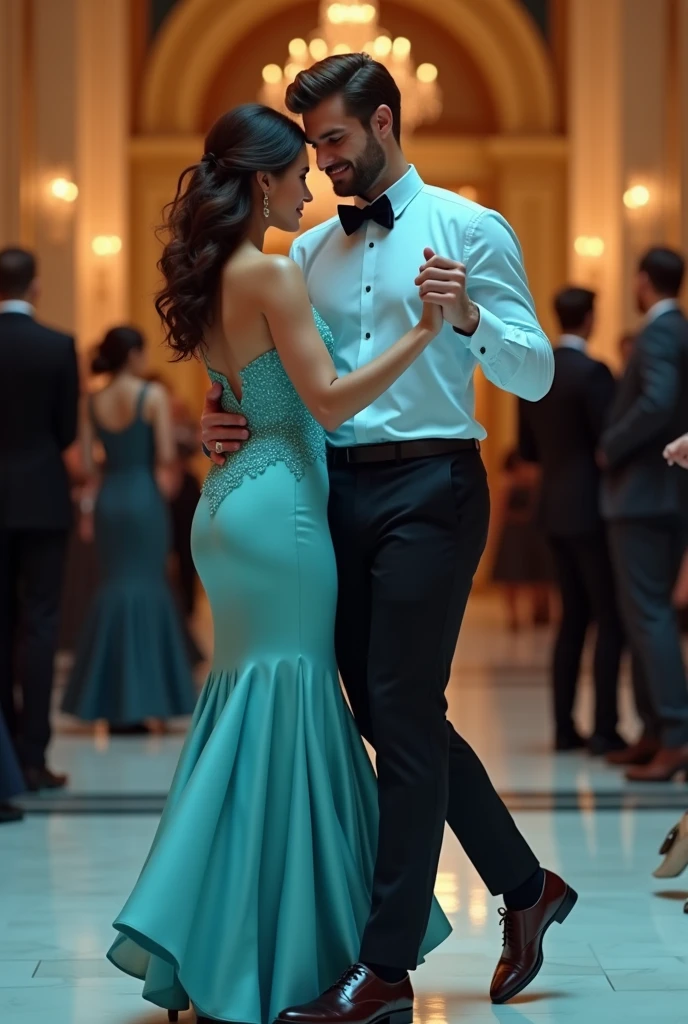 Un couple dont l'homme est habillé en chemise simple bleu turquoise clair avec noeud papillon noir sur un pantalon noir et chaussure en cuir et la dame en robe sexy  bleu turquoise clair aussi à une soirée de gala en dansant