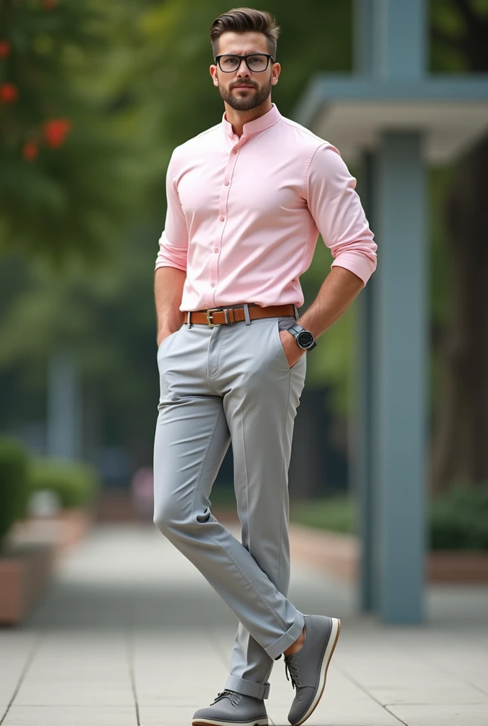 Smart athletic body,  man with light  smart small Beard with smart look wearing light baby pink chinese standing collar shirt tucked in with  belt, sleeves folded with light gray pants with light gray shoes. With smart short hair. Watch in left hand. Realistic image with glasses. Full body image with cashual shoes.