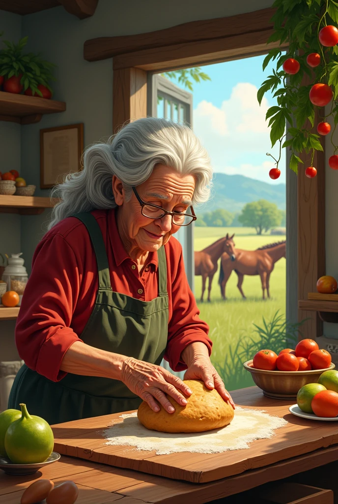 In vegitable tamato home, An old pour grand mother, making a bead with gauvava fruit, beautifull many horce are sitting in the tamato home, make vegitible and fruits