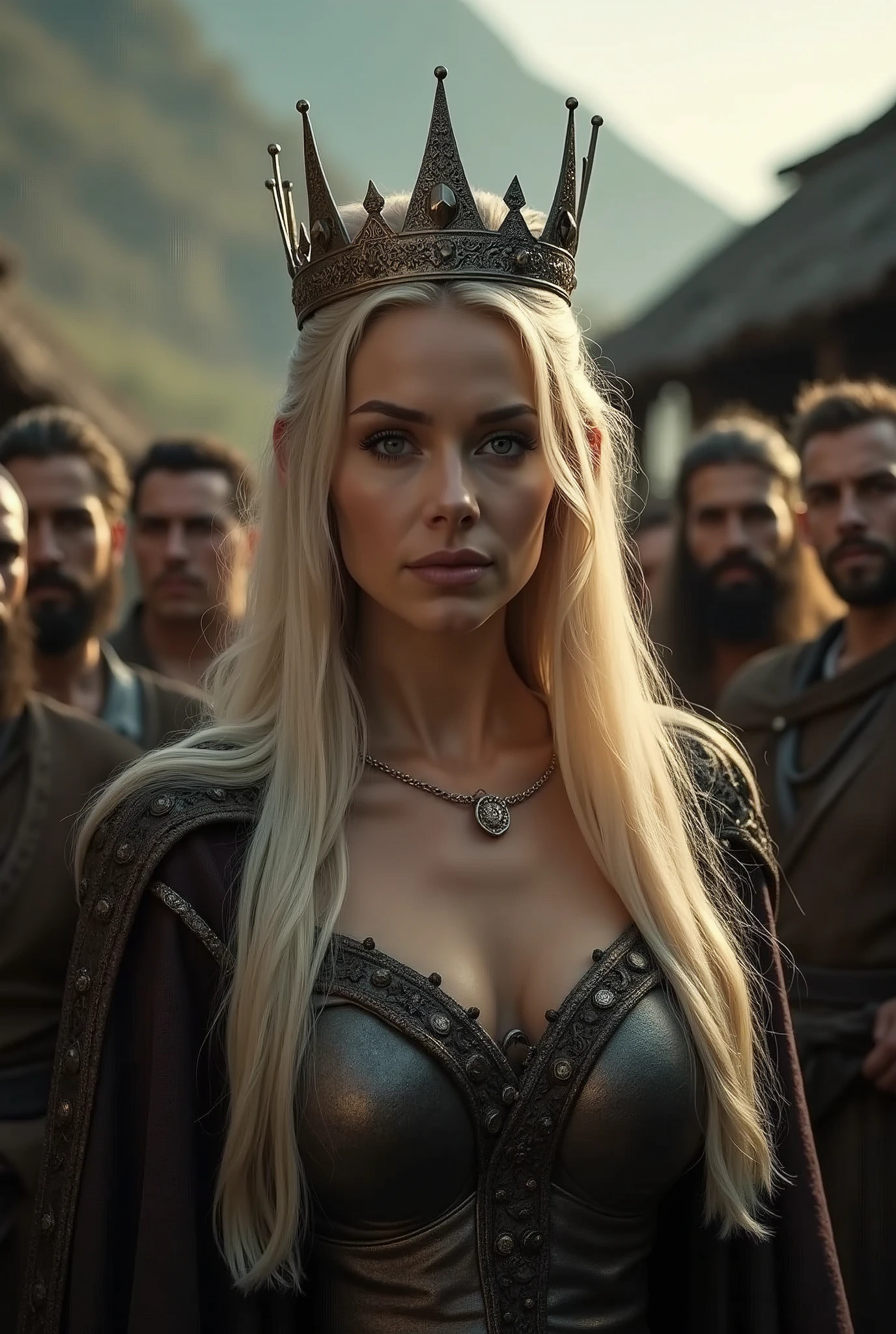 Saggy breasts, plump upper body. Photo of mature woman (warrior queen), white skin, symmetrical crown, tiara, diadem, diadem, mature woman, realistic oil painting (beauty: 1.1) (bright eyes), large and firm nipples, large dark areola, 38 Years old, (blonde) straight hair: 1.1) (bare shoulders: 1.3), (medieval fantasy costume: 1.2), visiting a poor village, male villagers watching (medium shot: 1.3) shot using (fujifilm xt3: 1.1), Film Grain, Dark Style, Oblique Light Dramatic Hard Shadows, (Dramatic Lighting: 0.9)