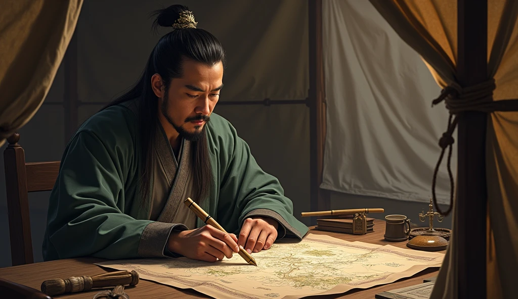 Warring States period,A military advisor sitting in a tent,There is a map in front of him,He holds a bamboo slip in his left hand,Right finger pointing at the map,This picture is in a realistic style,The movie storyboard used