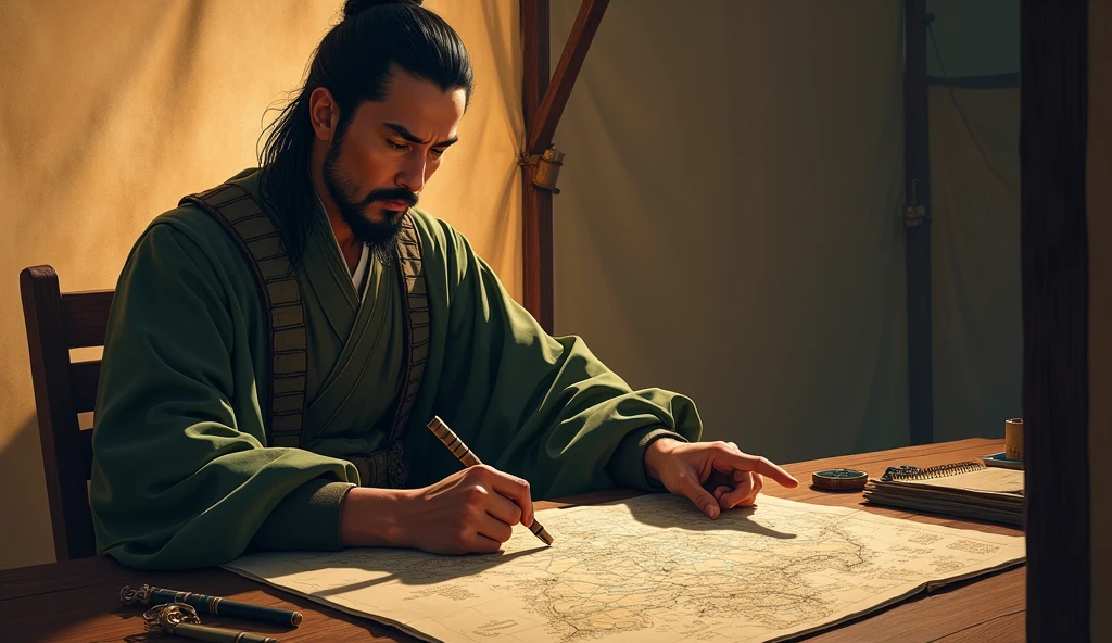 Warring States period，A military advisor sitting in a tent，There is a map in front of him，He holds a bamboo slip in his left hand，Right finger pointing at the map，This picture is in a realistic style，The movie storyboard used