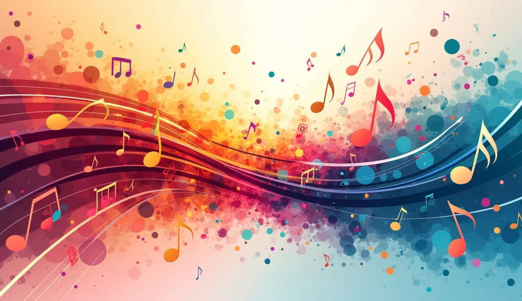 An abstract vector background featuring a burst of colors representing rhythm, with dynamic melody lines and scattered music notes.