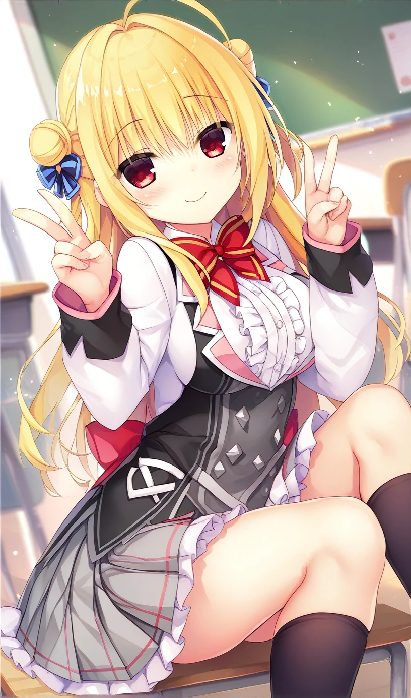 hiyori-default,red eyes,blonde hair, double bun,ahoge,school uniform, red bow,frills,shirt,pleated skirt,frilled skirt, black socks,smiling,peace fingers,one_eye_closed,classroom,selfie