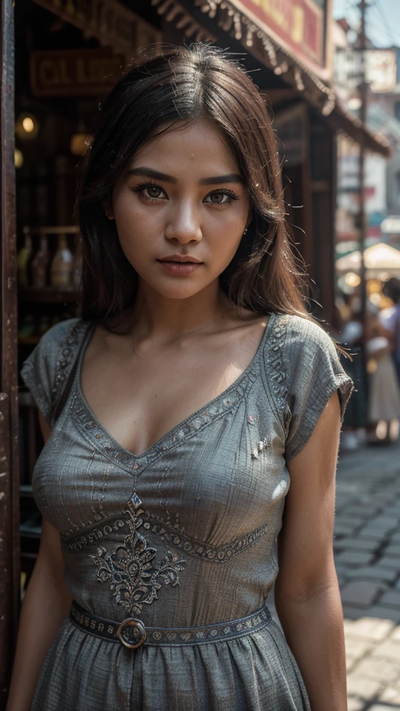 beautiful detailed eyes, beautiful detailed lips, extremely detailed eyes and face, longeyelashes, 1girl, Myanmar street, 1960s, Mandalay, old town, vintage, cinematic lighting, dramatic shadows, moody atmosphere, colorful architecture, intricate patterns, weathered textures, cobblestone streets, retro vehicles, people walking, street market, warm tones, soft focus, (best quality,4k,8k,highres,masterpiece:1.2),ultra-detailed,(realistic,photorealistic,photo-realistic:1.37)