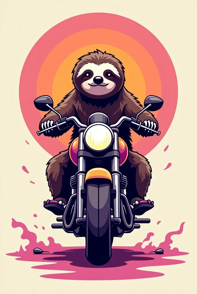 Motorcycle sloth, in the colors pink orange and purple, logo style,