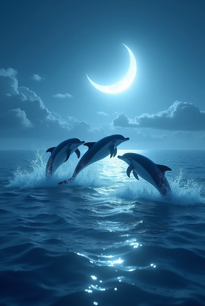 Sea with moon light jumping dolphins
