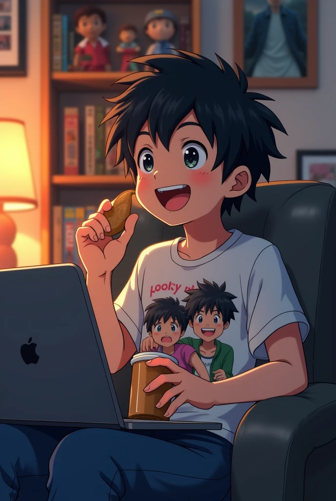 A black-haired boy is sitting on a comfortable chair in his otaku-themed setup. He has a cheerful expression, with a wide smile showing his enjoyment. His black hair is styled in a casual, slightly tousled manner. He's wearing a relaxed outfit, such as a graphic t-shirt featuring anime designs and comfortable jeans.The background of the setup is filled with anime posters, figurines, and manga volumes neatly organized on shelves. The room has a warm, cozy atmosphere with soft lighting, perhaps from a desk lamp or LED strips. On a desk or table in front of him, there's a laptop or a large screen displaying an anime episode. The boy's gaze is fixed on the screen, and he’s holding a snack or drink, enhancing the casual, relaxed vibe of the scene.