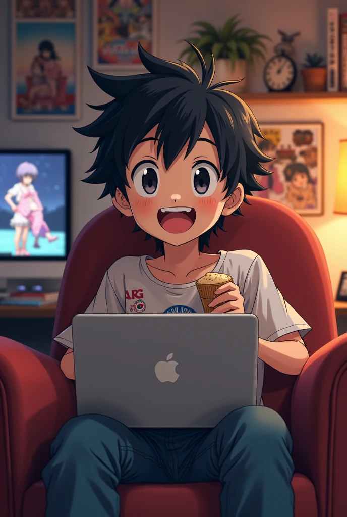 A black-haired boy is sitting on a comfortable chair in his otaku-themed setup. He has a cheerful expression, with a wide smile showing his enjoyment. His black hair is styled in a casual, slightly tousled manner. He's wearing a relaxed outfit, such as a graphic t-shirt featuring anime designs and comfortable jeans.The background of the setup is filled with anime posters, figurines, and manga volumes neatly organized on shelves. The room has a warm, cozy atmosphere with soft lighting, perhaps from a desk lamp or LED strips. On a desk or table in front of him, there's a laptop or a large screen displaying an anime episode. The boy's gaze is fixed on the screen, and he’s holding a snack or drink, enhancing the casual, relaxed vibe of the scene.