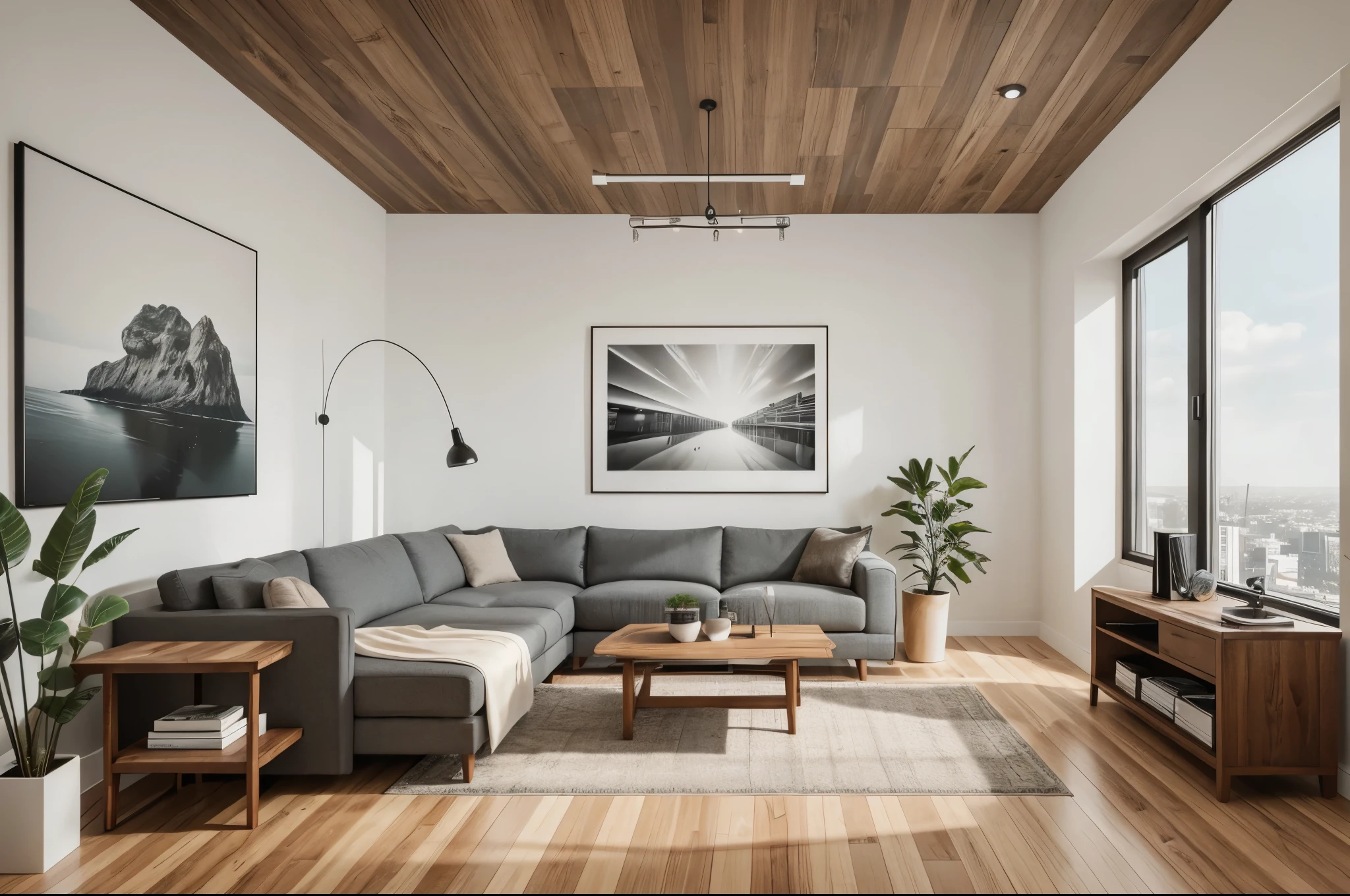 "Create a realistic mockup of a modern photography studio interior. The studio should have a spacious layout with large floor-to-ceiling windows that allow natural light to fill the room. The walls are painted in soft, neutral tones, with a selection of framed photography prints hanging on one wall. Include a professional backdrop setup with adjustable lighting equipment such as softboxes and reflectors. In one corner, add a cozy seating area with a stylish couch and a small coffee table. There should also be a work desk with a computer and editing tools, and shelves displaying various camera gear and photography props. The floor should be polished hardwood, contributing warmth to the contemporary design. The overall atmosphere should feel both creative and functional, ideal for a professional photographer."