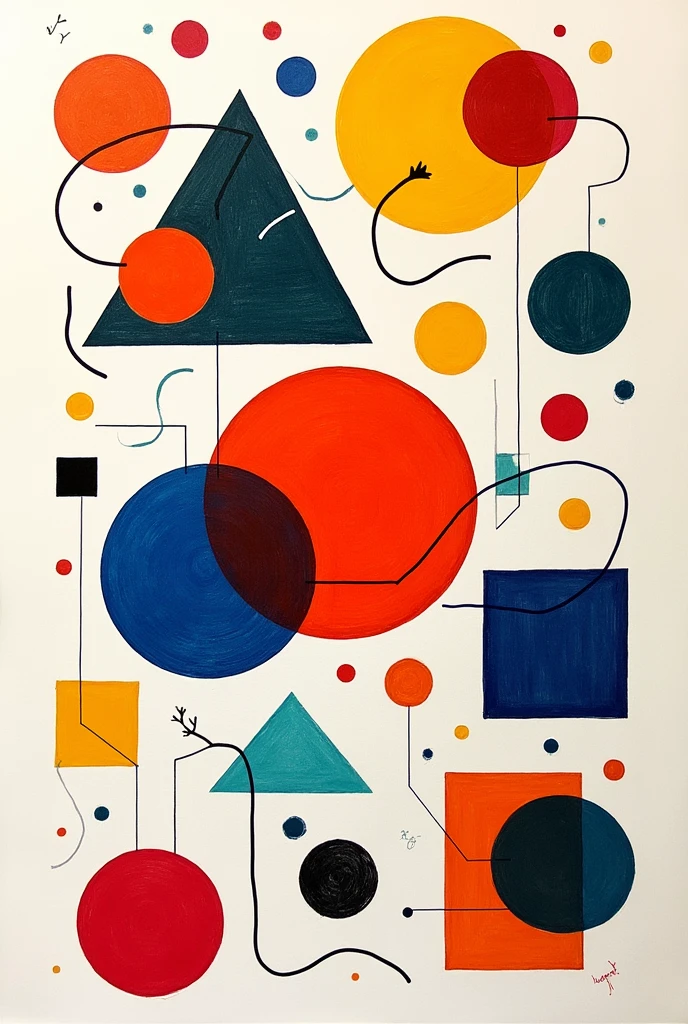 I can’t create images directly, but I can guide you on how to draw it yourself. Here’s a step-by-step guide:
1. **Shapes**:
- Draw a large circle in the center of your paper.
- Add a few smaller squares and triangles scattered around the circle.
2. **Lines**:
- Draw curved lines connecting some of the shapes.
- Add straight lines outlining or intersecting the shapes.
3. **Space**:
- Make some shapes larger and closer to the center, while others are smaller and closer to the edges.
- Overlap some shapes to create a sense of depth.
4. **Color**:
- Color the large circle with a bright color.
- Use different colors for the squares and triangles.
- Add gradients or patterns to the shapes if you like.
This will give you a vibrant and dynamic drawing that shows the four elements of art.