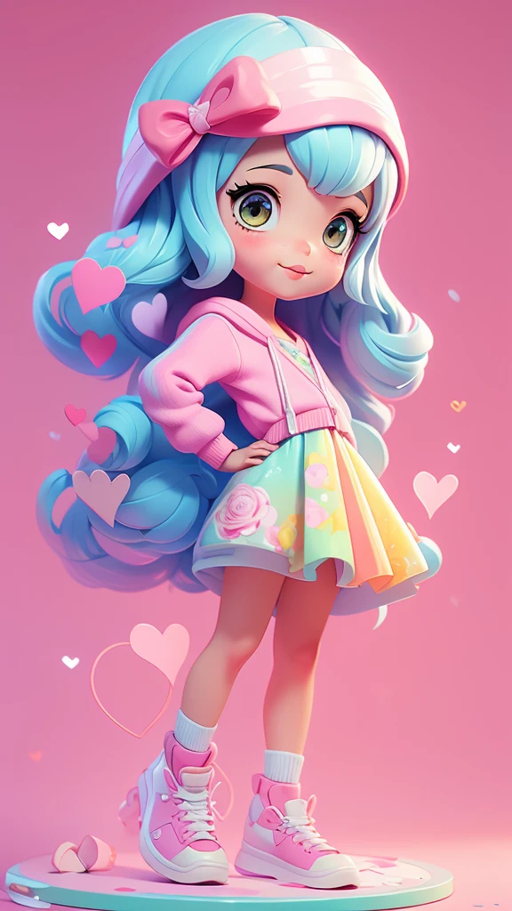 Funny looking female 3D animation, Wearing pink casual clothes, White and. Background of pastel wallpaper with heart decoration.