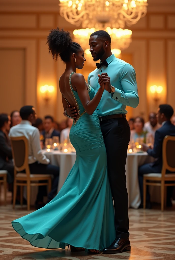 Un couple africain dont l'homme est habillé en chemise simple bleu turquoise clair avec noeud papillon noir sur un pantalon noir et chaussure en cuir et la dame en robe sexy  bleu turquoise clair aussi à une soirée de gala en dansant