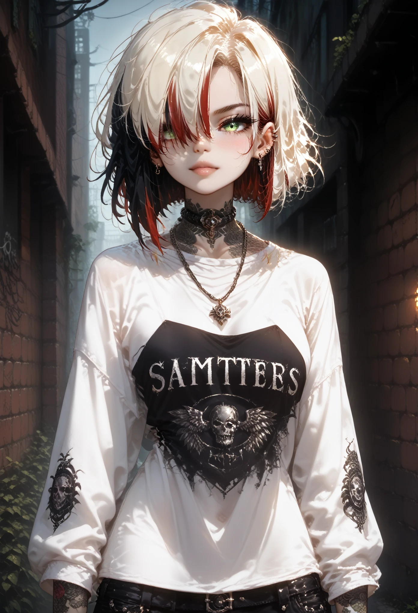 woman, goth, green eyes, short hair, undercut hair,ультра реалистичное 8k cg, masterpiece, ((ultra detailed background, delicate pattern, complex part)), Best quality, complex parts, chromatic aberration, 1 girl, full height, long hair, Golden hair, dirty hair, red highlights, hair over one eye, keen eyes, necklace, Brick wall, Colorful graffiti, Bright, dim lighting, lane, oversized shirt, from the shoulder, see through a white shirt, masterpiece, Best quality, Shine, score_9, score_8_up, score_7_up, 