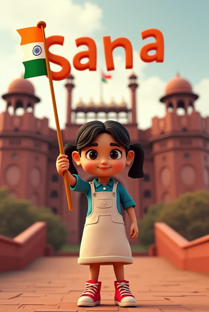 A girl holding the Indian flag proudly in one hand, standing in front of the Red Fort. On the side, the name 'Sana' is written in large, transparent letters, creating a patriotic and vibrant 3D scene