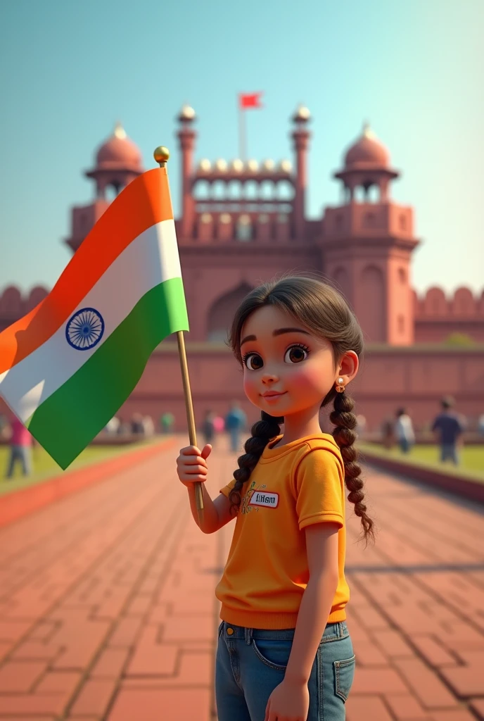 A girl holding the Indian flag proudly in one hand, standing in front of the Red Fort. On the side, the name 'Sana' is written in large, transparent letters, creating a patriotic and vibrant 3D scene
