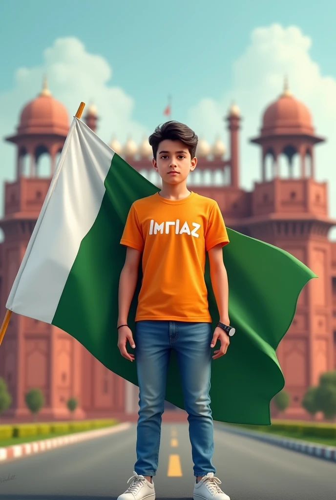  A real 20 years old boy, Wearing Orange T shirt blue jeans sneakers and the name "IMTIAZ" is written on his t-shirt and the boy is standing on the road with holding a national flag of pakistan, and behind him is the Red Fort Delhi. And written on sky "Independence Day" Create Realistic image high quality.
