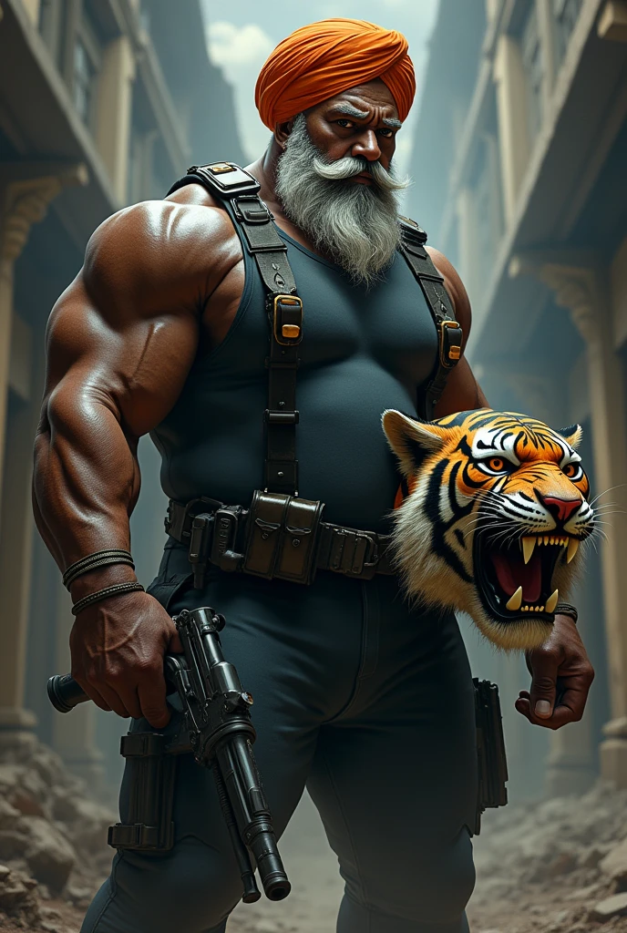 (a dark-skinned fat muscular old man in camouflage diver suit) carrying a gun in right hand, (carrying realistic roaring tiger mask in left hand), (wearing army camouflage bandana)dynamic action pose, fierce expression, showcasing an imposing stature, surrounded by military elements, dramatic shadows and intense highlights, cinematic color tones, high detail, powerful, art influenced by Bruce Onobrakpeya and Stanley Artgerm, ultra-detailed, best quality image, action-packed atmosphere. fighting stance