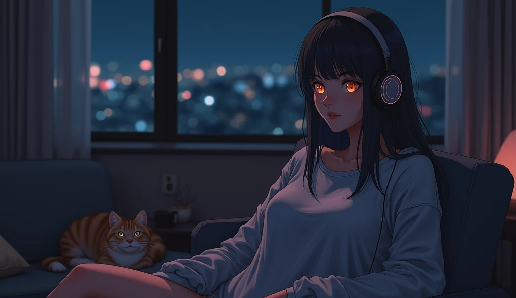 room，Woman sitting on sofa，look out、2D anime style，The cat is lying on the floor.、night、dark、I have headphones on、Let your hair down、Big Breasts、LoFi、Lo-Fi、Sweatshirt、relax、Straight Hair