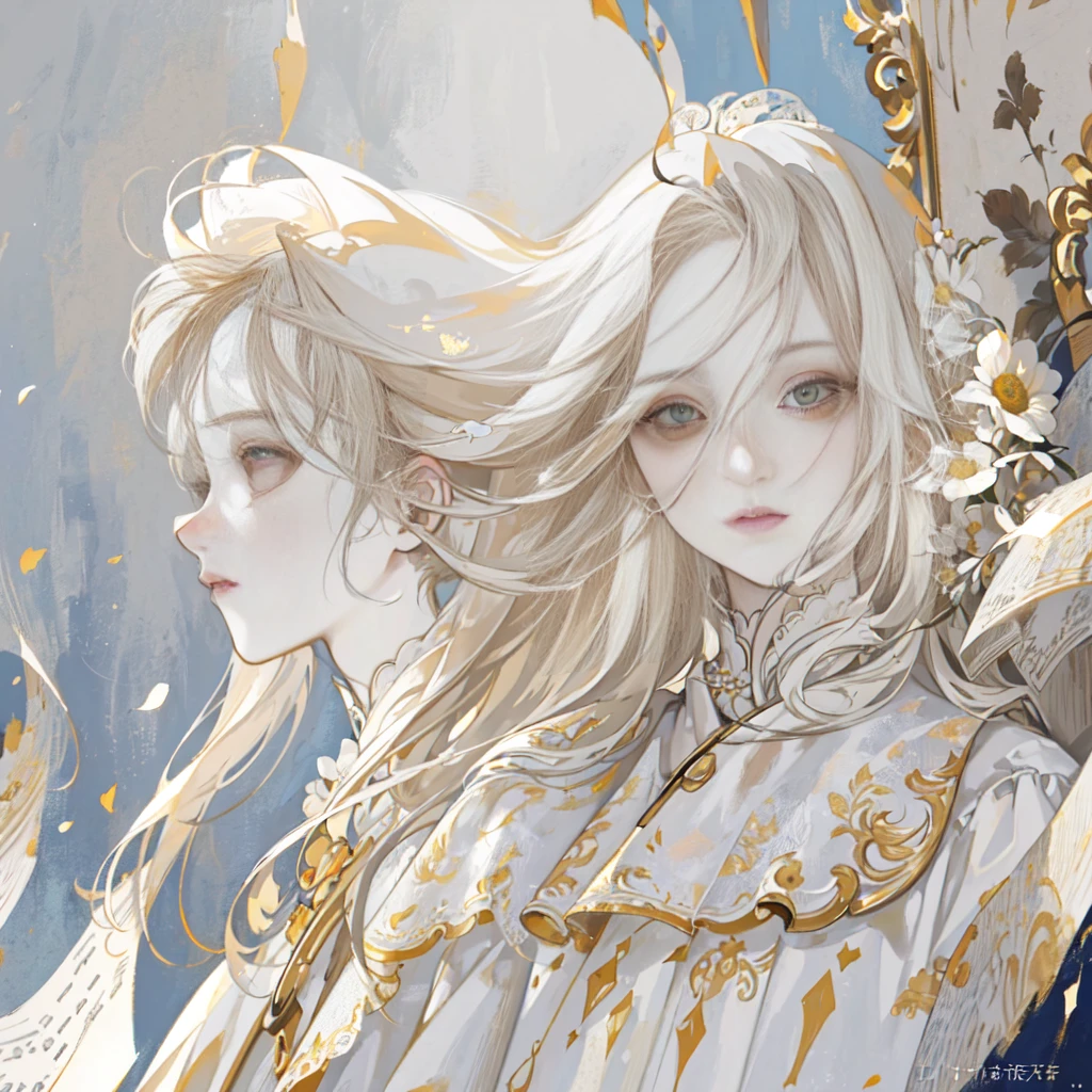 (masterpiece), (best quality), (Extremely detailed),(Messy hair),(illustration), (1 girl), (Fashion), Everlasting, fashion model, Looking at the audience, (interview), (Simple background),Beautiful and delicate eyes, Delicate and beautiful face, Floating flowers, Flowing hair, (shining), Optimal lighting, Best shadow,White long hair, Golden Eyes, Profile picture close-up