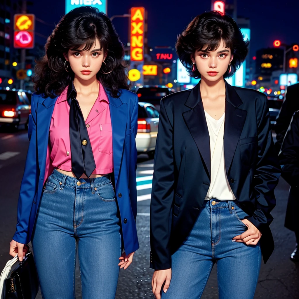 Woman in 80s fashion、Oversized blazer with shoulder pads、High-waisted jeans、Neon Accessories。Neon-lit cityscape in the background、Big 80s hair。Vivid and high-contrast photo style