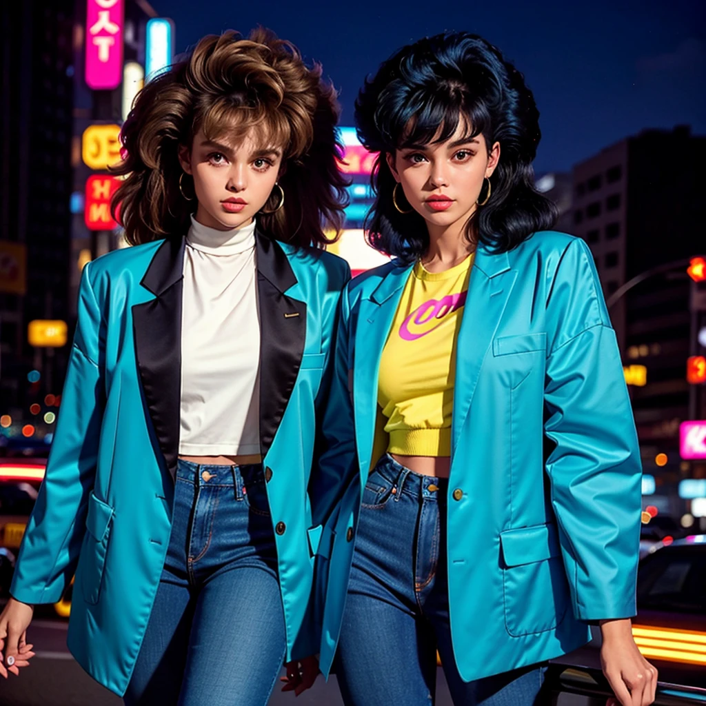 Woman in 80s fashion、Oversized blazer with shoulder pads、High-waisted jeans、Neon Accessories。Neon-lit cityscape in the background、Big 80s hair。Vivid and high-contrast photo style