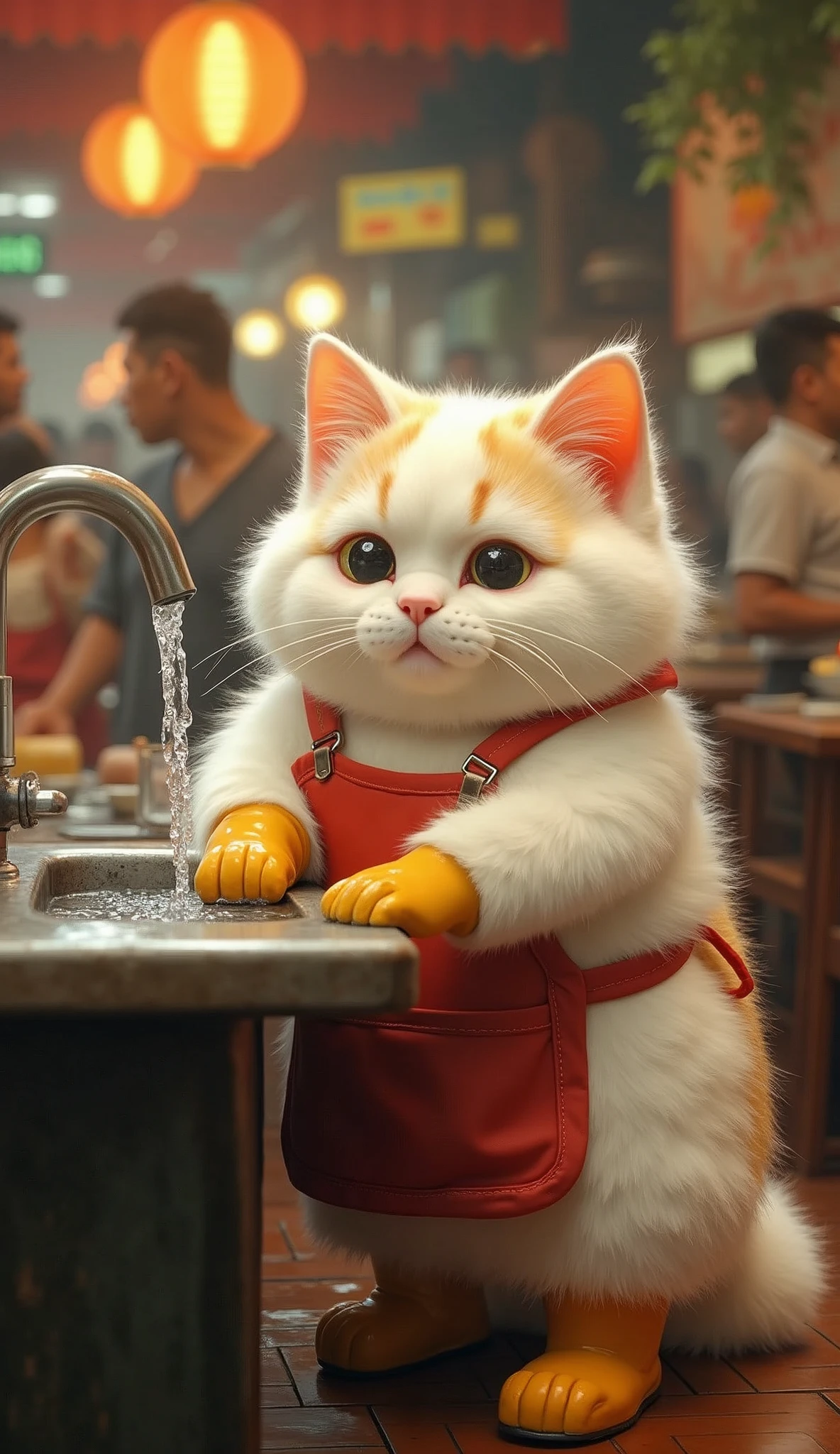 A cute white orange chubby cat with thick, fluffy fur is washing dishes in a lively Indonesian restaurant. The cat stands in front of a sink with water flowing from the faucet, with a bucket placed underneath. The cat is dressed in rubber gloves, boots, and an apron, looking adorably determined as it goes about its task amidst the bustling, crowded atmosphere of the restaurant.